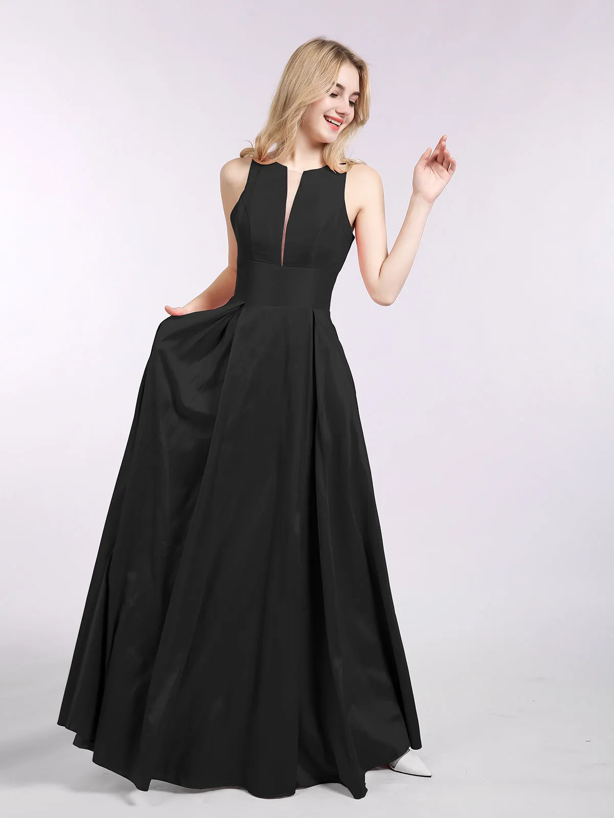 A-ligne Taffeta Robe Longue avec Poches Noir Grande Taille