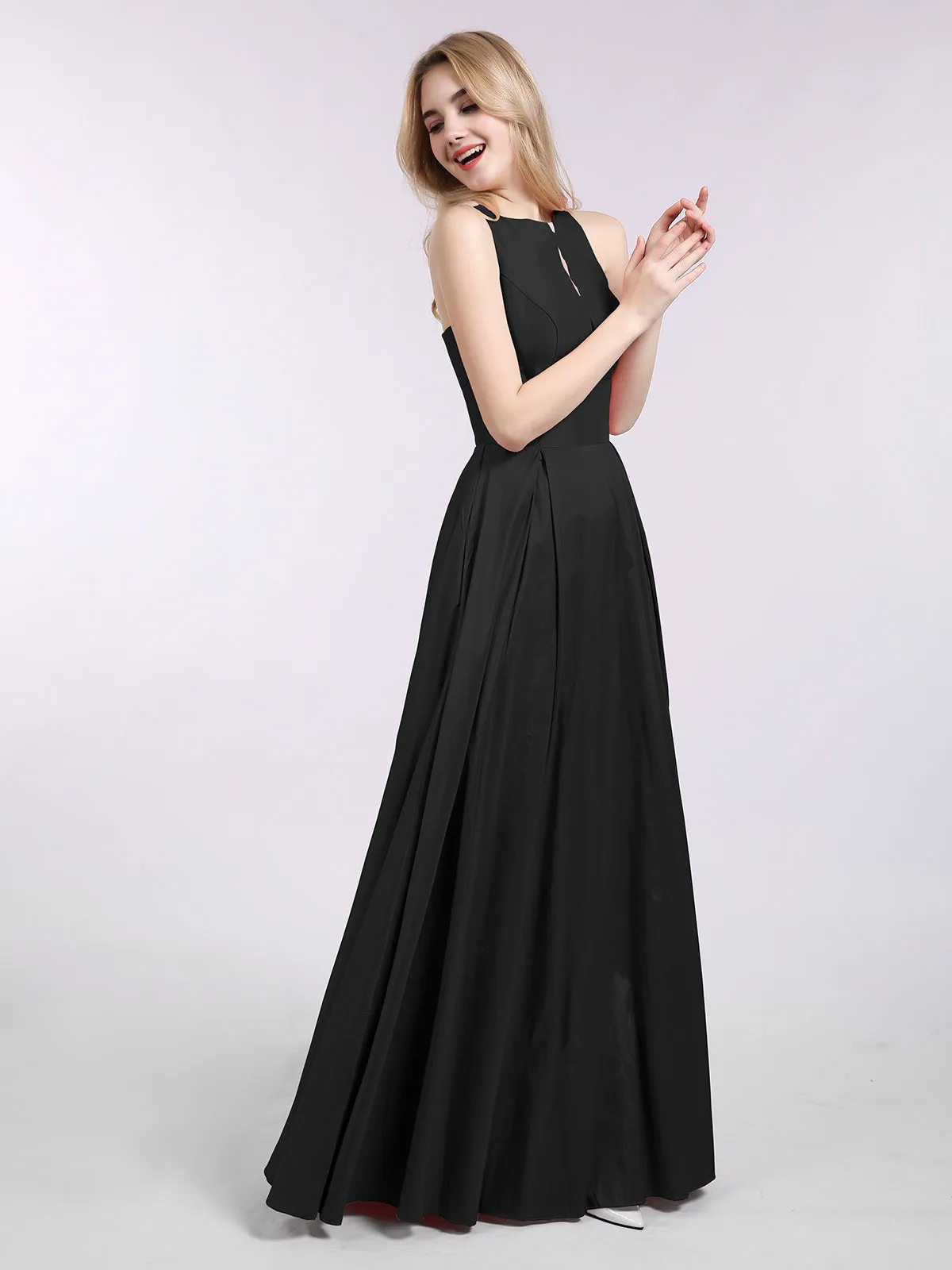 A-ligne Taffeta Robe Longue avec Poches Noir Grande Taille