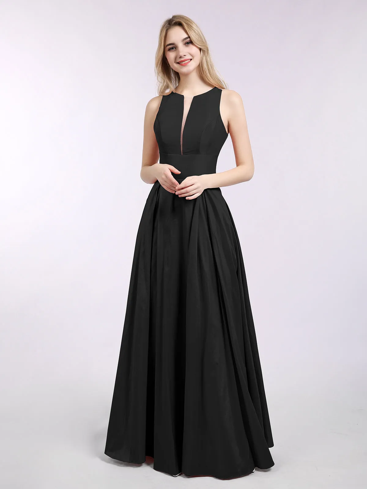 A-ligne Taffeta Robe Longue avec Poches Noir Grande Taille