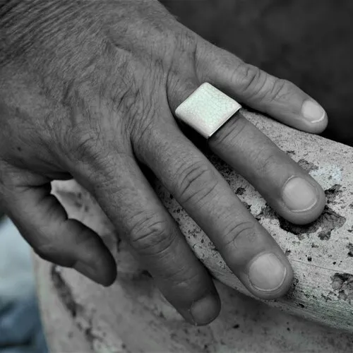 Bague chevalière blanc nacre argent rectangle homme