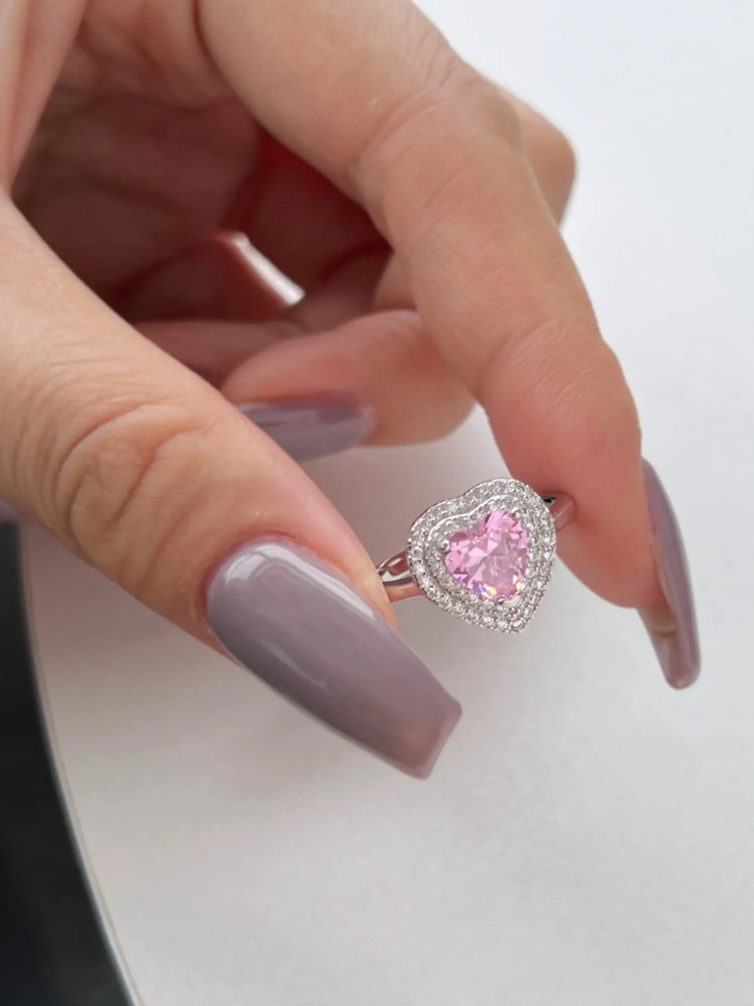 Bague en Argent Sterling en Forme de Cœur Zircon Rose