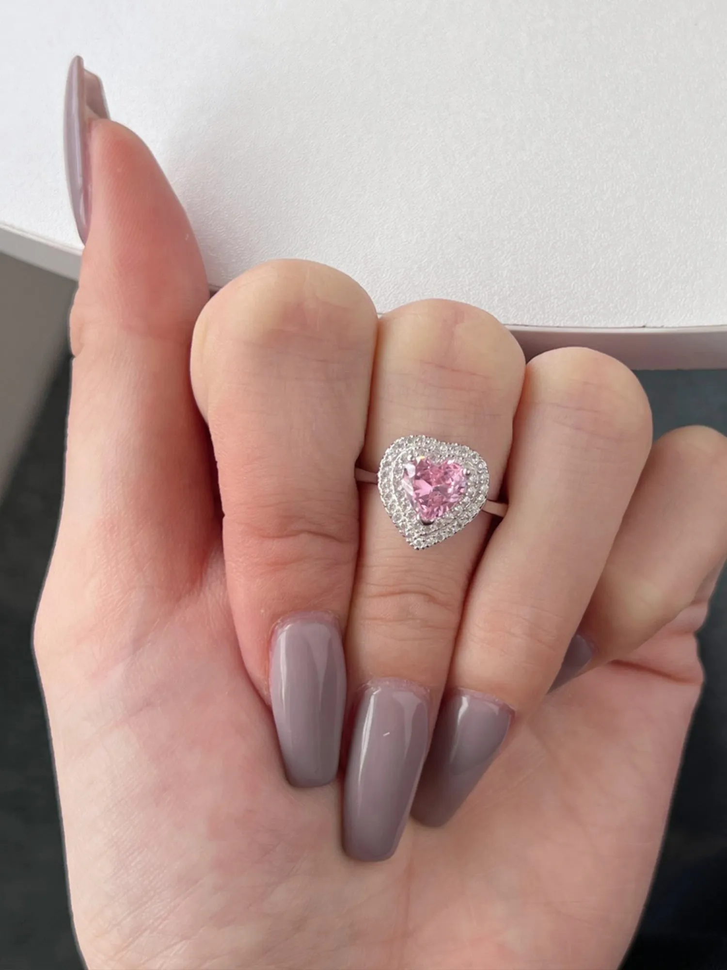 Bague en Argent Sterling en Forme de Cœur Zircon Rose