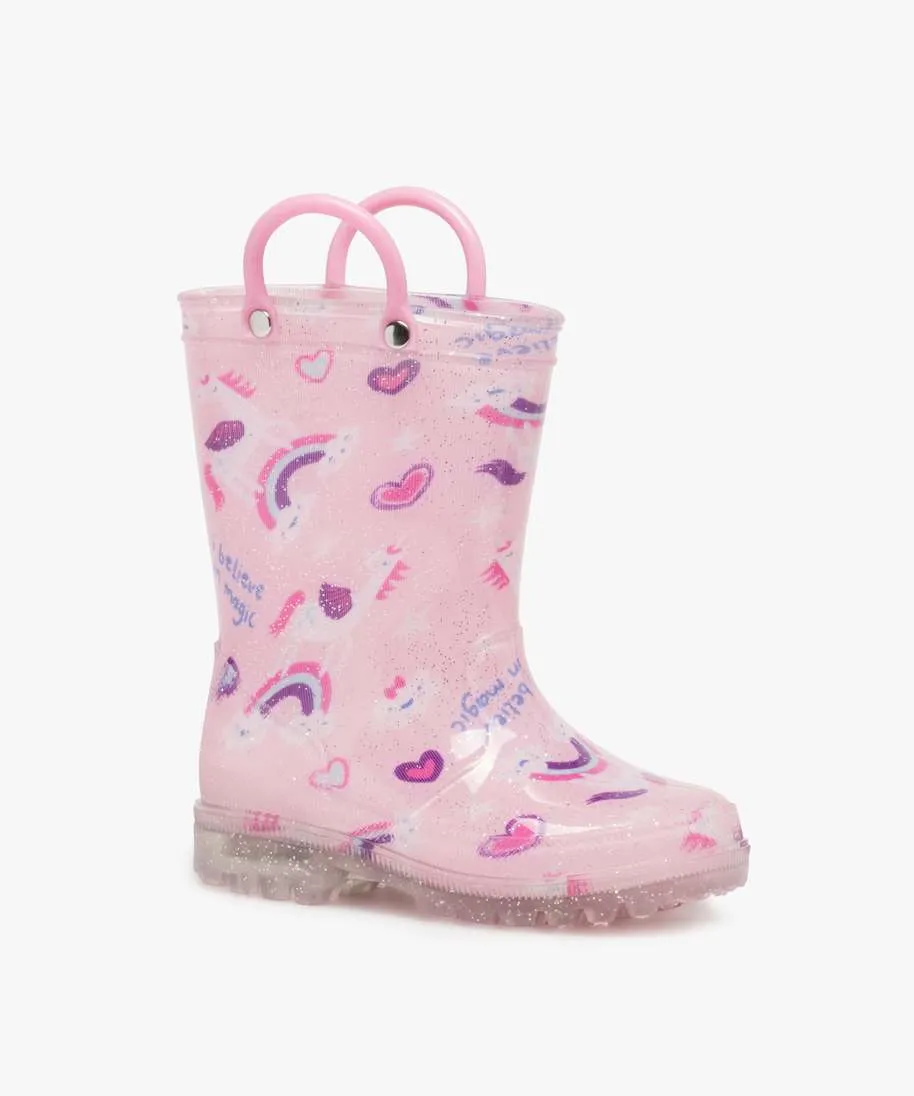 bottes de pluie fille a anses et semelle lumineuse motif licorne rose standard bottes de pluies