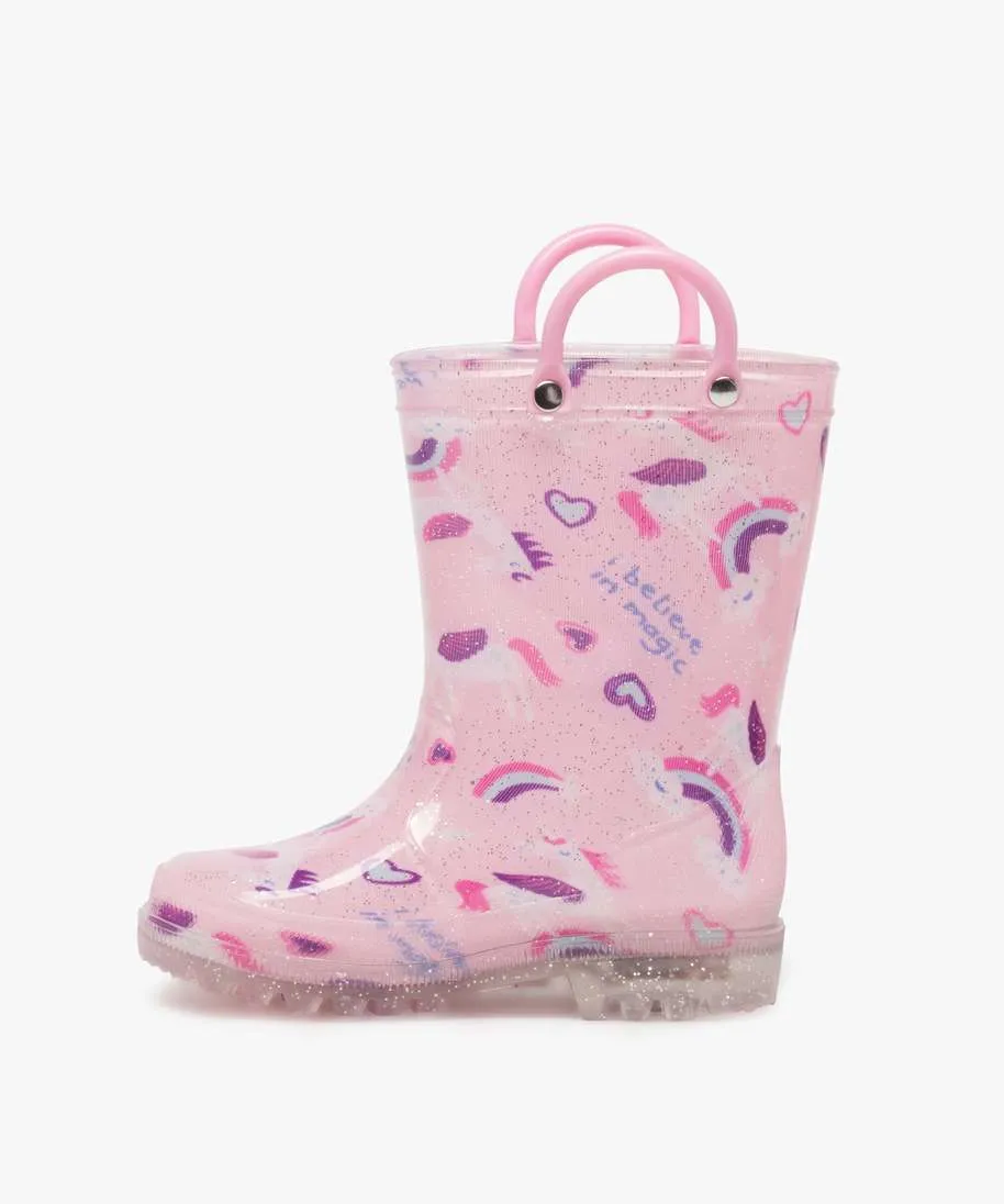 bottes de pluie fille a anses et semelle lumineuse motif licorne rose standard bottes de pluies