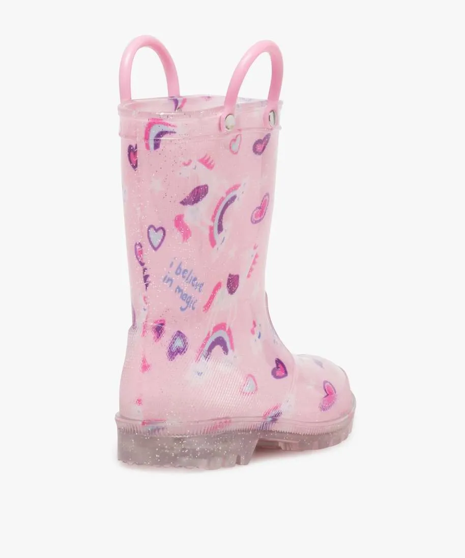 bottes de pluie fille a anses et semelle lumineuse motif licorne rose standard bottes de pluies