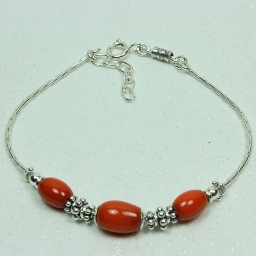 Bracelet chaine argent perles oranges,tour de poignet perle céramique bleue