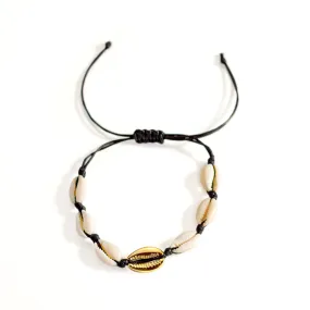 Bracelet Coquillage Or cordon Noir : Style Bohème Chic - Shine Boutique