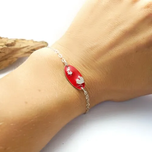 Bracelet cœur valentine en argent 925/1000 et résine rouge réglable