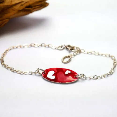 Bracelet cœur valentine en argent 925/1000 et résine rouge réglable