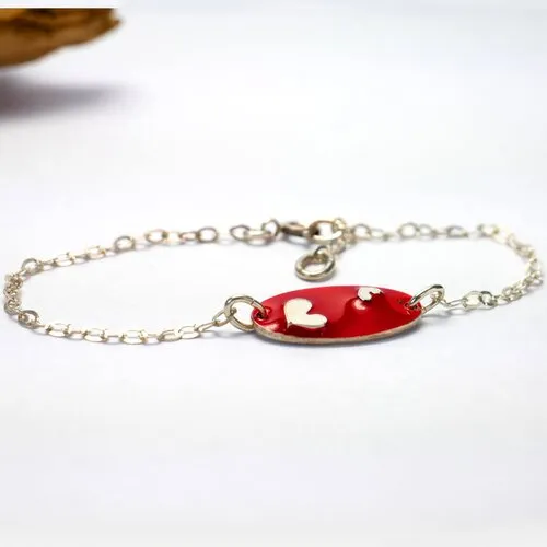 Bracelet cœur valentine en argent 925/1000 et résine rouge réglable