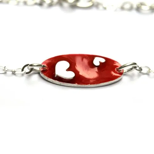 Bracelet cœur valentine en argent 925/1000 et résine rouge réglable