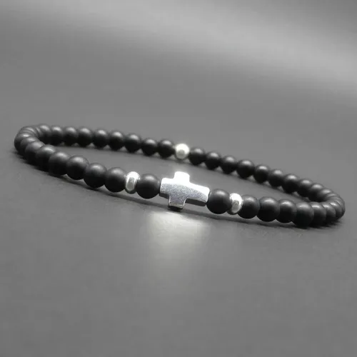 Bracelet fin homme, stretch, minimaliste, croix et perles en argent sterling, pierres gemmes, onyx mat ø 4 mm r919