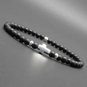 Bracelet fin homme, stretch, minimaliste, croix et perles en argent sterling, pierres gemmes, onyx mat ø 4 mm r919