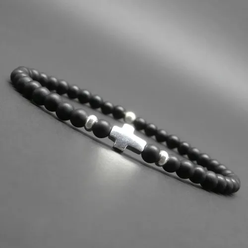 Bracelet fin homme, stretch, minimaliste, croix et perles en argent sterling, pierres gemmes, onyx mat ø 4 mm r919