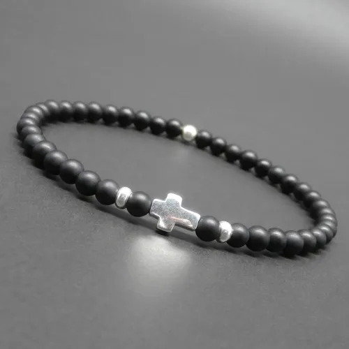 Bracelet fin homme, stretch, minimaliste, croix et perles en argent sterling, pierres gemmes, onyx mat ø 4 mm r919