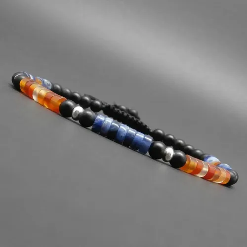 Bracelet fin homme, tressé, pierres gemmes, heishi de sodalite, cornaline naturelle, onyx mat et rondelles en argent ø 4 mm r983