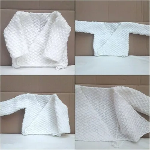 Brassière , cache coeur bébé  0  à  3 mois , blanche ou, jaune , tricot mains , boutonnée , lichettes