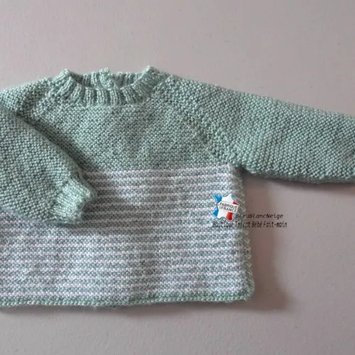 Brassière 3 mois 2 couleurs calinou blanc-lait et vert, brassière manches raglan mixte layette tricot bébé sur commande