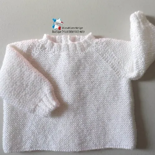 Brassière naissance bb coloris calinou blanc-lait manches raglan mixte modèle layette tricot bébé sur commande