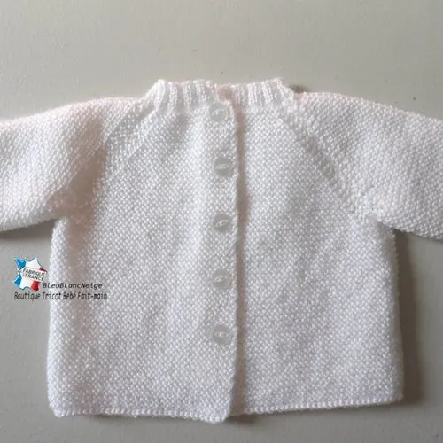 Brassière naissance bb coloris calinou blanc-lait manches raglan mixte modèle layette tricot bébé sur commande