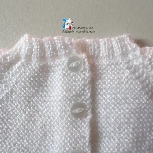 Brassière naissance bb coloris calinou blanc-lait manches raglan mixte modèle layette tricot bébé sur commande