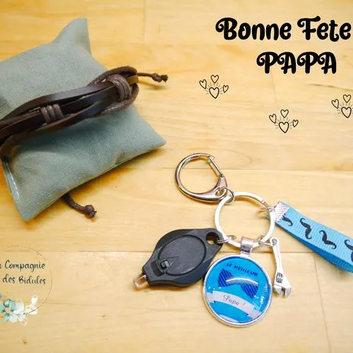 Cadeau spécial papa, bracelet et porte clés "meilleur papa" bleu