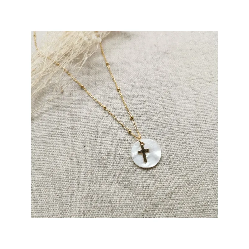 Collier chaîne ajustable acier inoxydable,médaille nacre et croix doré