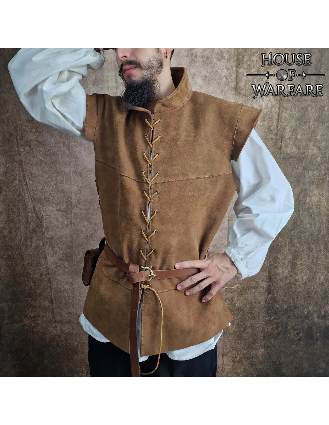 Gilet médiéval en cuir suédé marron ⚔️ Boutique Épées