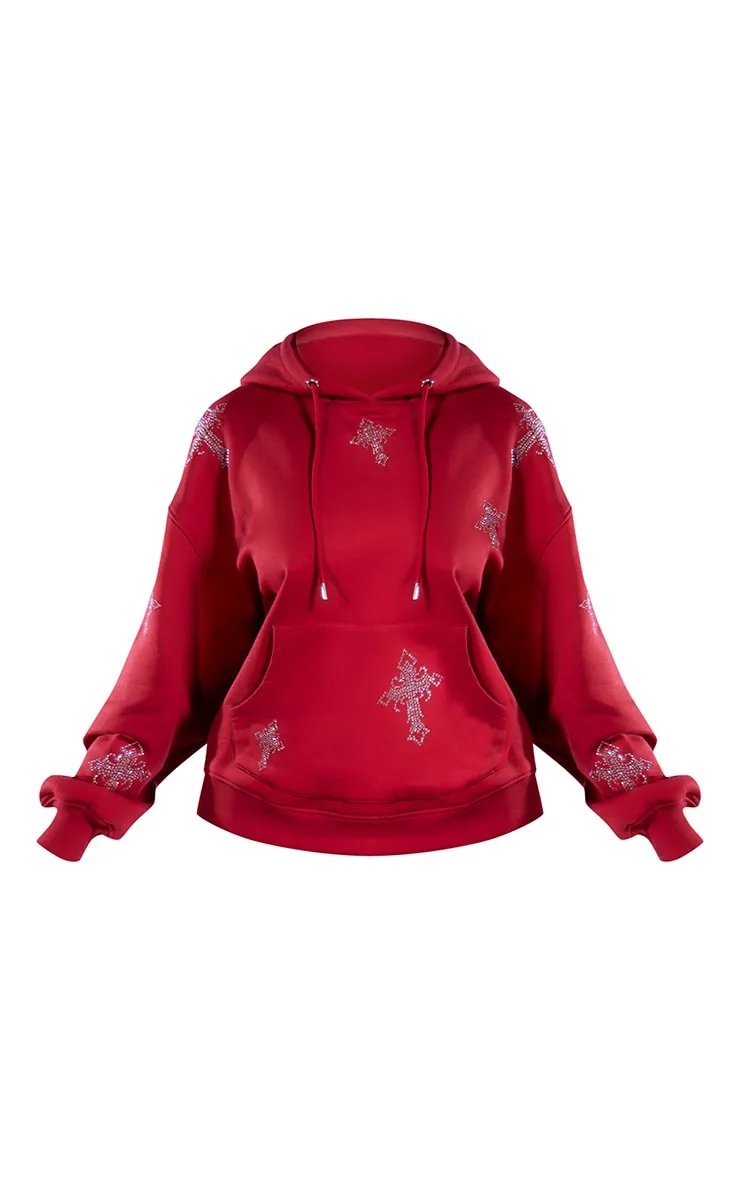 Hoodie oversize rouge à croix strassée