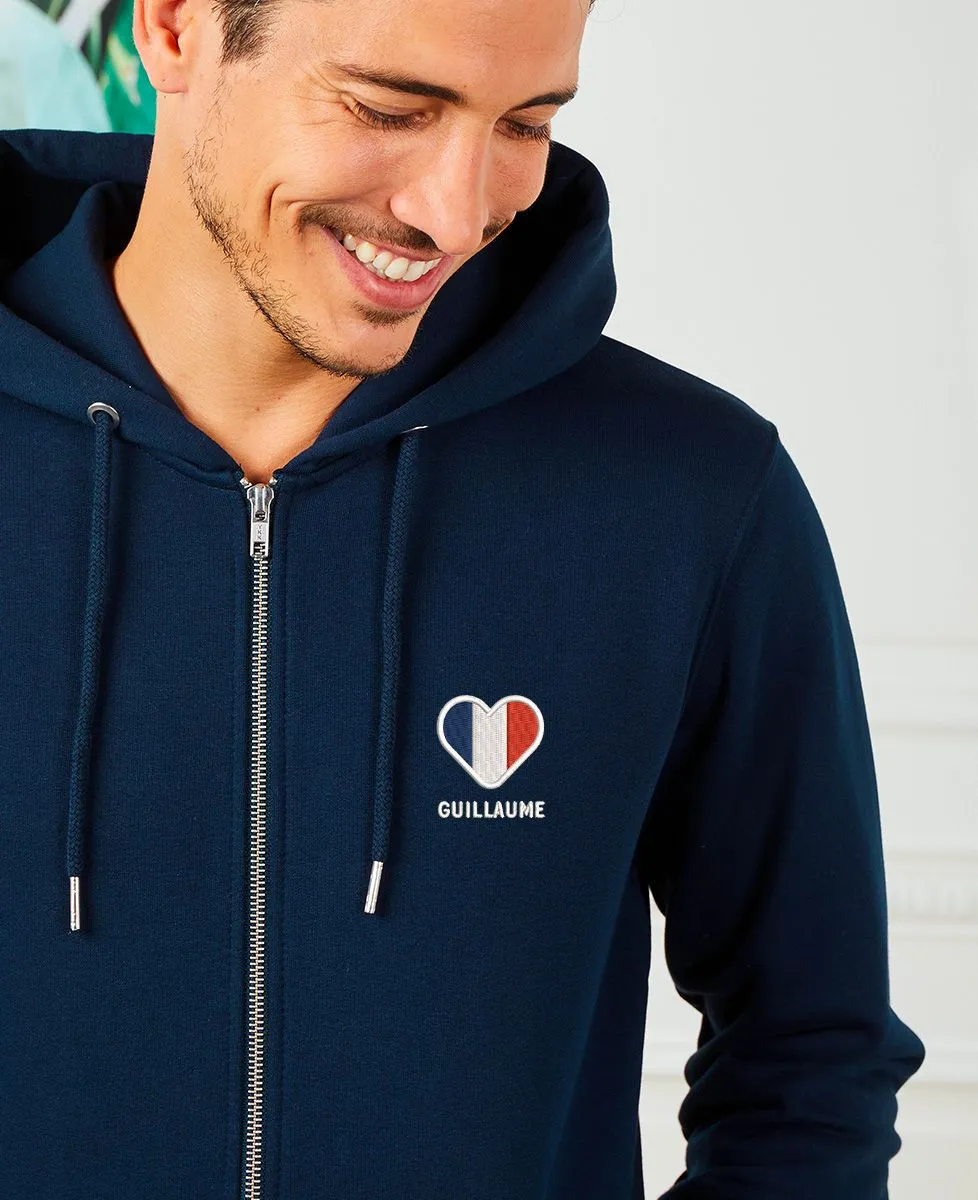 Hoodie zippé homme Coeur tricolore brodé personnalisé