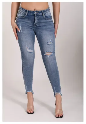 Jeans bleu foncé troué tendance pour femmes