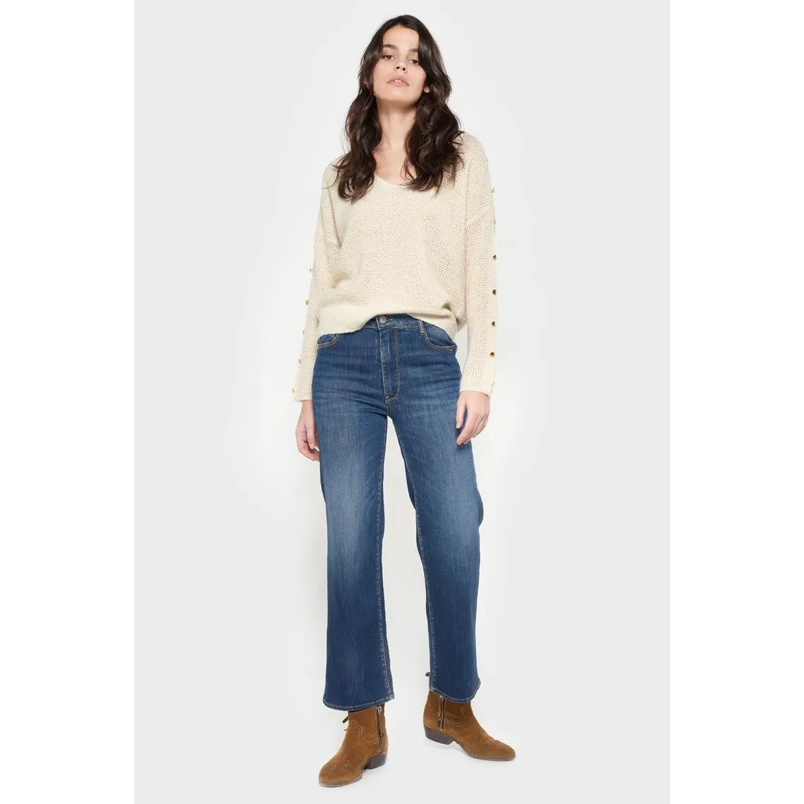 Jeans regular, droit pulp regular taille haute 7/8ème bleu en coton | 3 Suisses