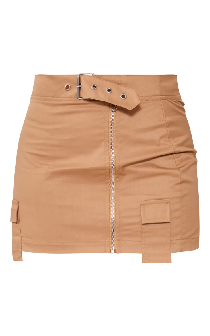 Mini jupe cargo café au lait à ceinture et zip