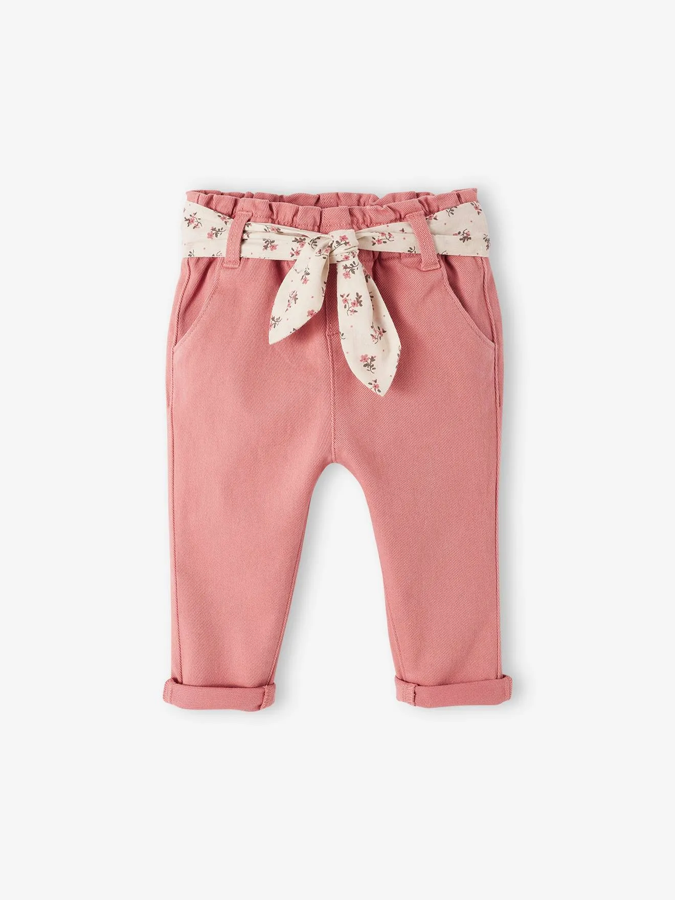 Pantalon avec ceinture en tissu bébé vieux rose - Vertbaudet