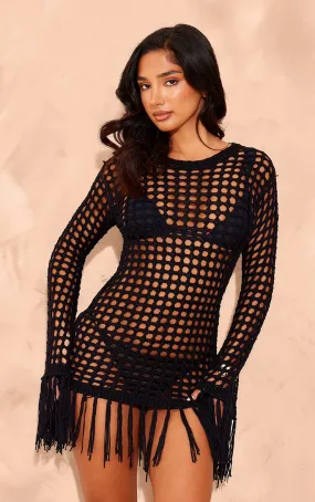 Petite Mini-robe en maille tricot ajourée noire à détail franges