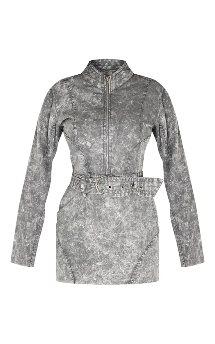 Petite Mini robe gris délavé ajustée à détail ceinture