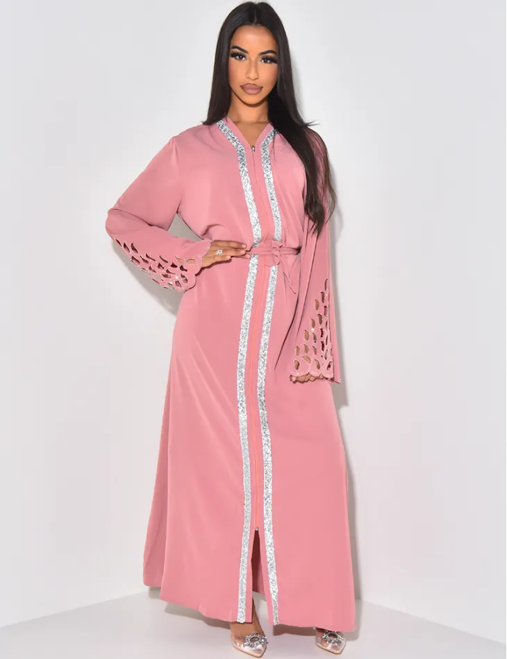 Robe abaya ajouré aux manches à strass / 59629 - JEANS INDUSTRY