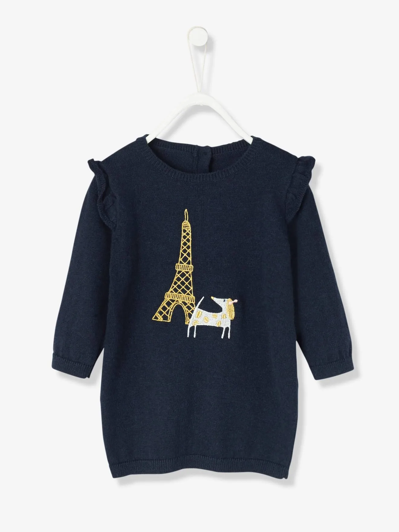 Robe bébé en tricot brodé chien bleu foncé - Vertbaudet