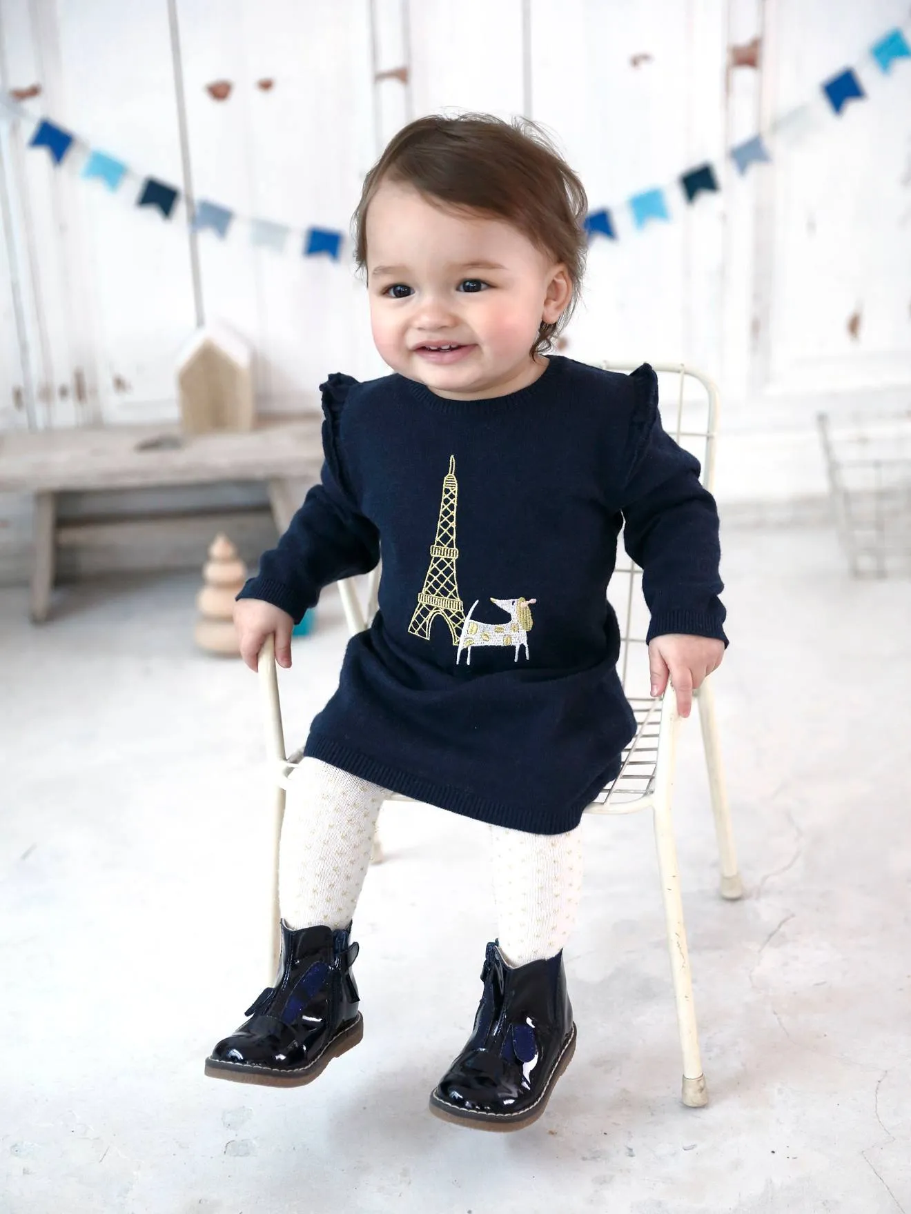 Robe bébé en tricot brodé chien bleu foncé - Vertbaudet