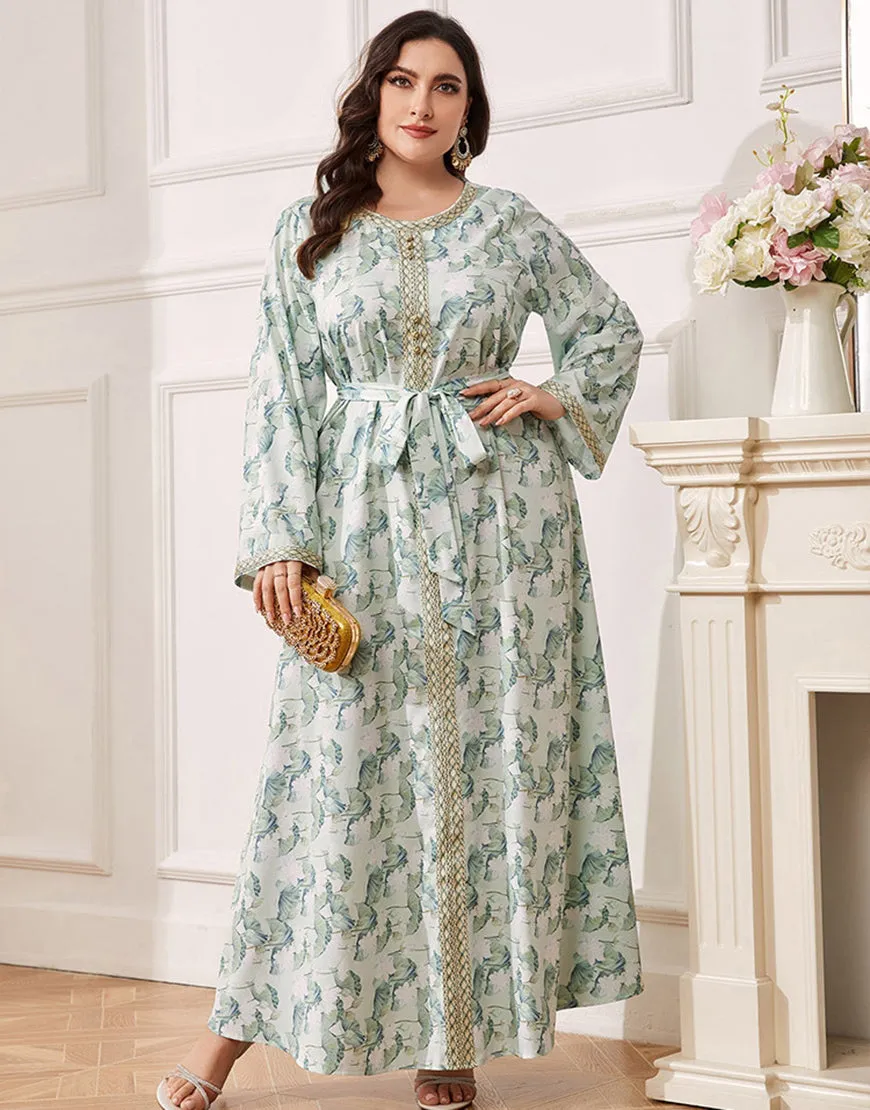 Robe caftan Abaya grande taille à fleurs vertes avec ceinture