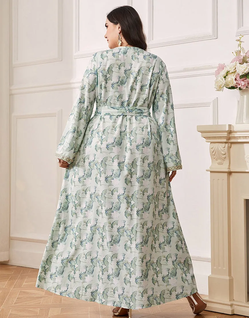 Robe caftan Abaya grande taille à fleurs vertes avec ceinture