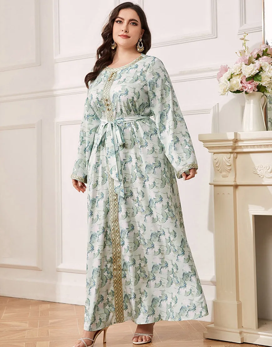 Robe caftan Abaya grande taille à fleurs vertes avec ceinture