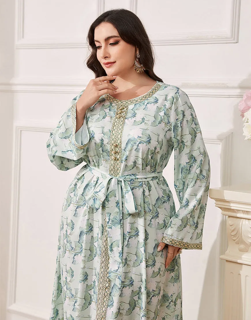 Robe caftan Abaya grande taille à fleurs vertes avec ceinture