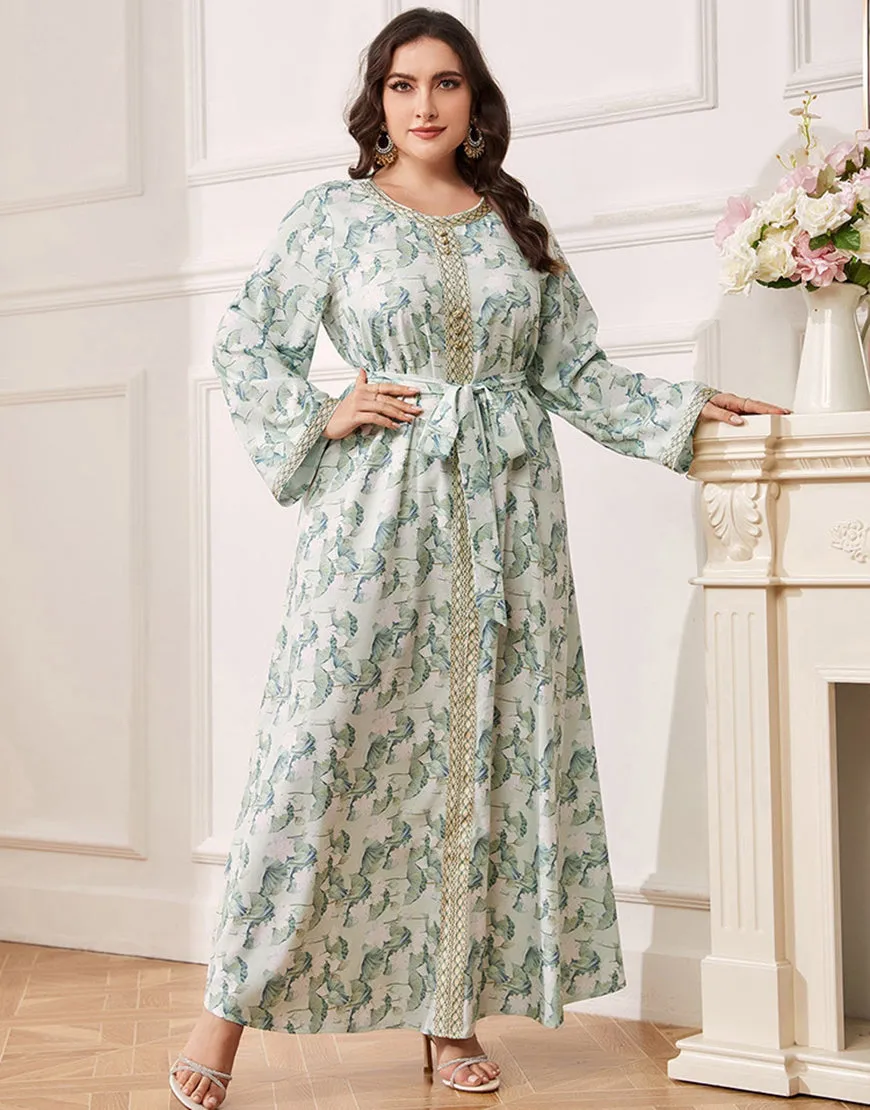 Robe caftan Abaya grande taille à fleurs vertes avec ceinture