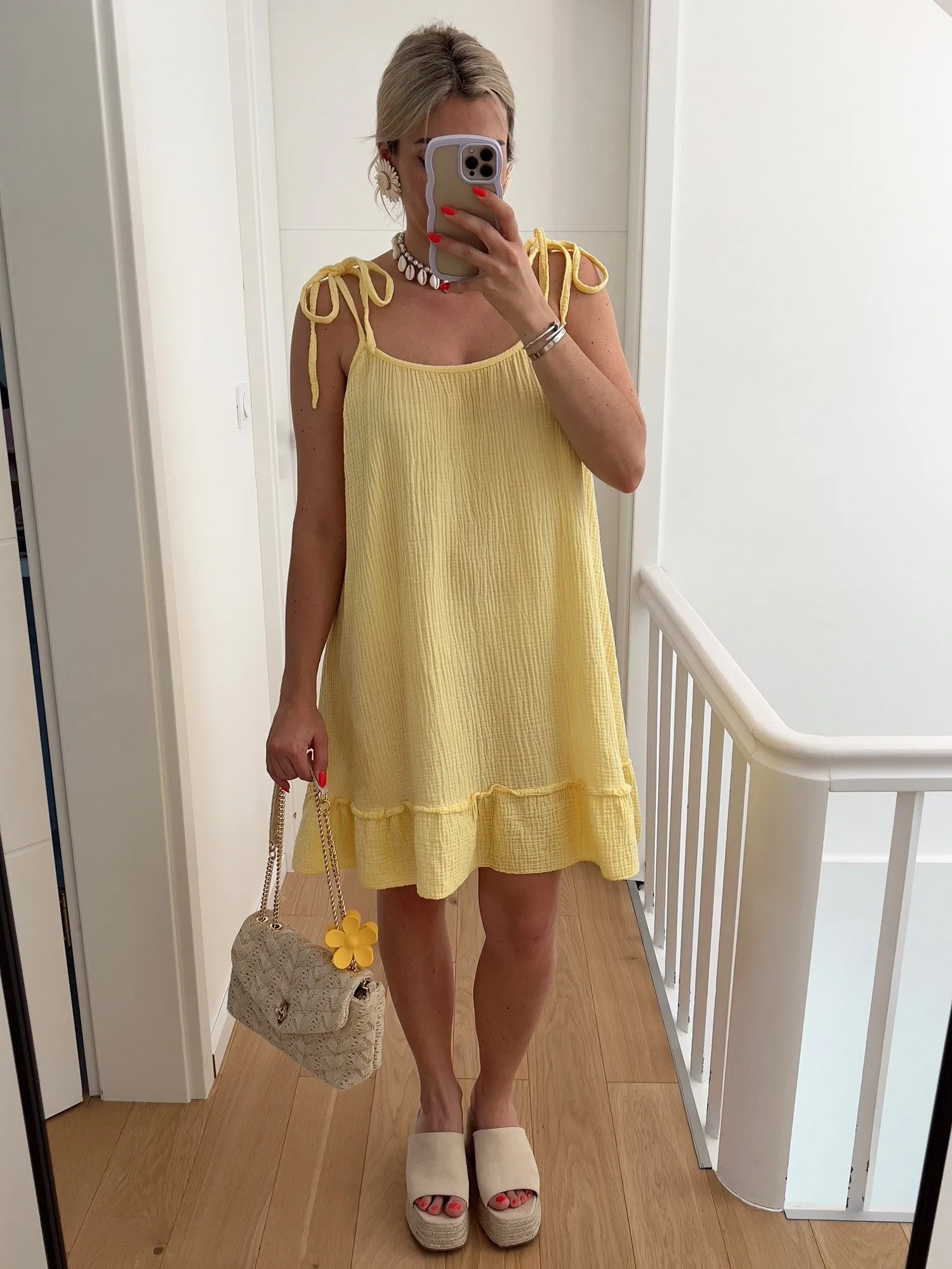 Robe NARANJA En gaze de coton avec bretelles noeuds jaune