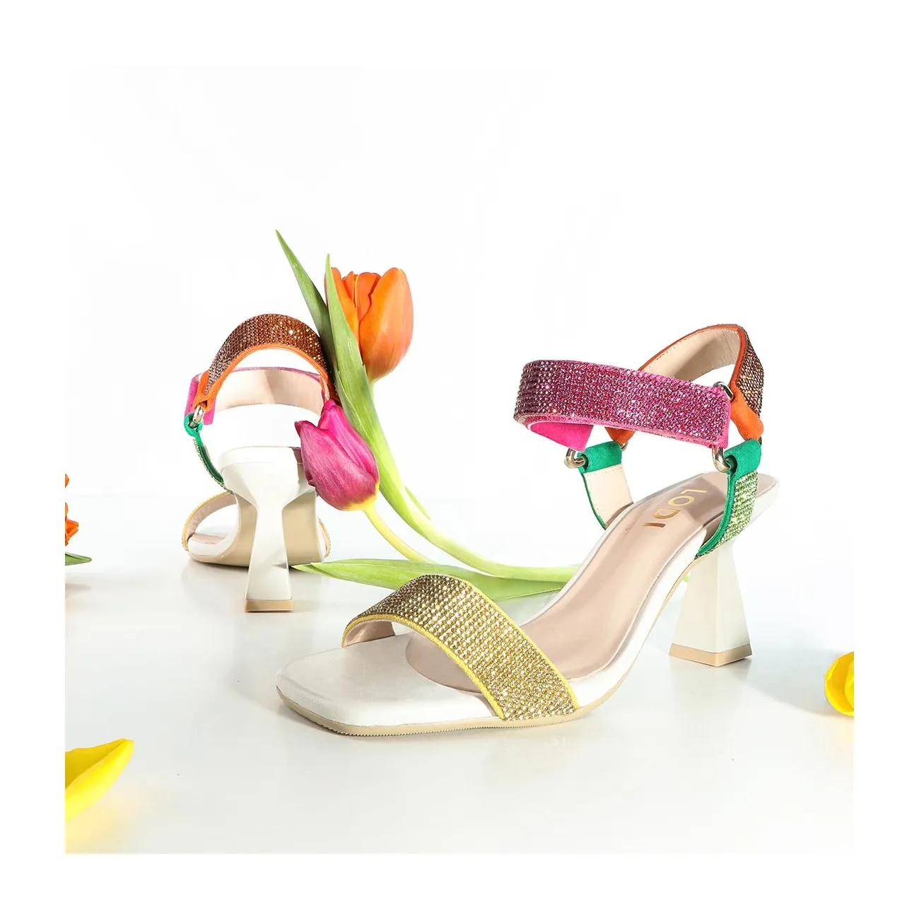 Sandales à talon femme en cuir à brides ornées de pierres multicolore | LODI Chaussures pour femme en ligne.