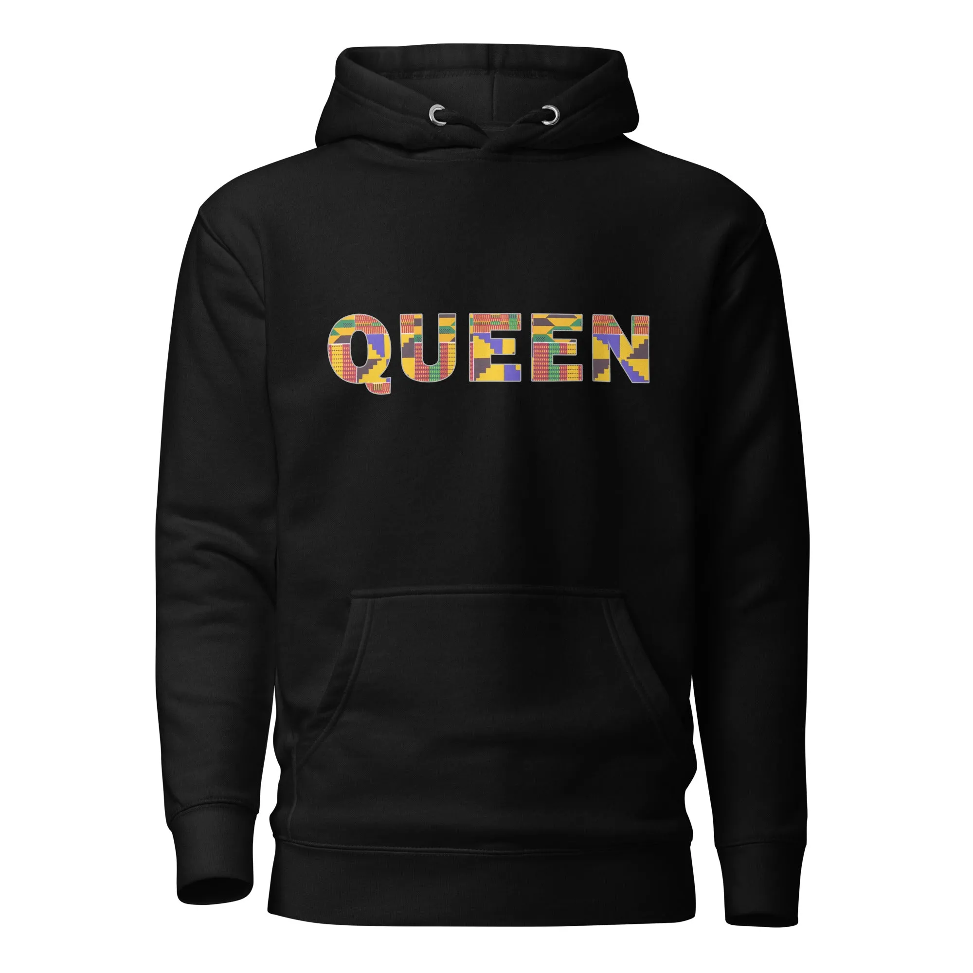 Sweat à capuche - Unisexe - QUEEN en imprimé kente D009 (Hoodie Black or White)