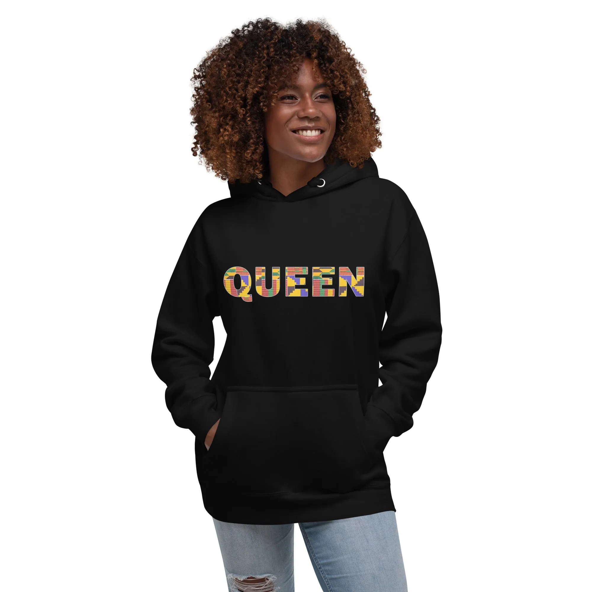 Sweat à capuche - Unisexe - QUEEN en imprimé kente D009 (Hoodie Black or White)