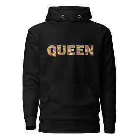 Sweat à capuche - Unisexe - QUEEN en imprimé kente D009 (Hoodie Black or White)