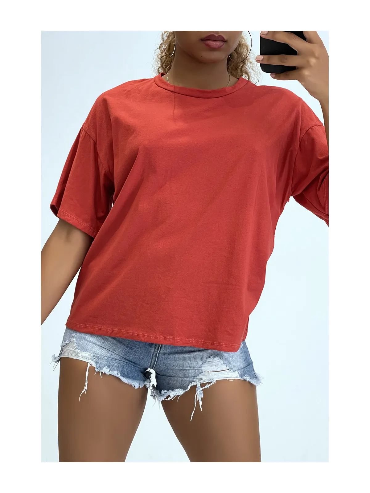 T-shirt basique col rond corail